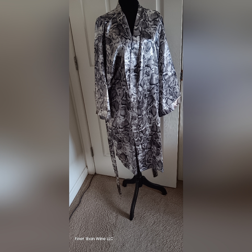 Elegant Black and Gray Satin Snake print Women's Robe With Matching Belt